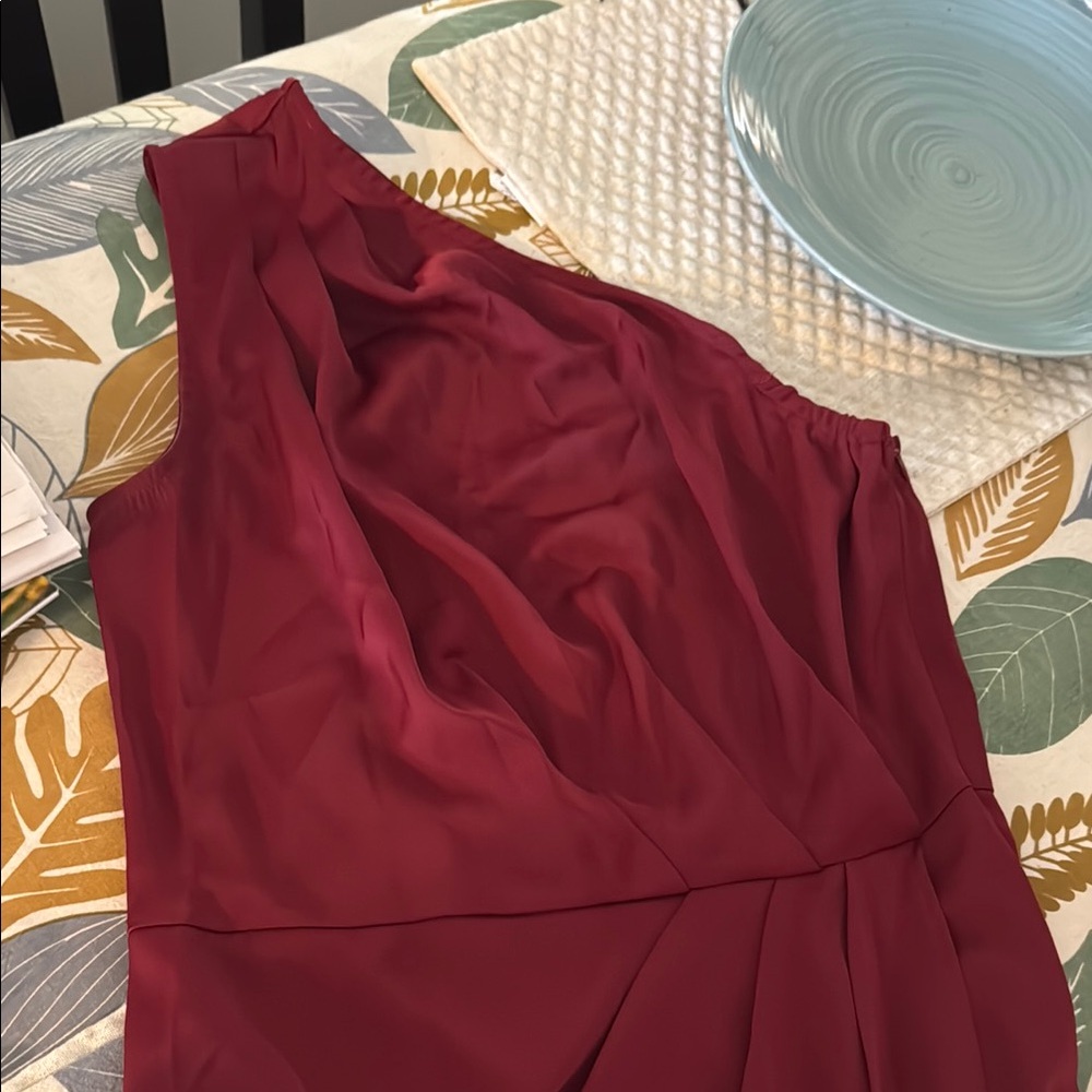 PrettyGarden wine faux wrap one shoulder dress